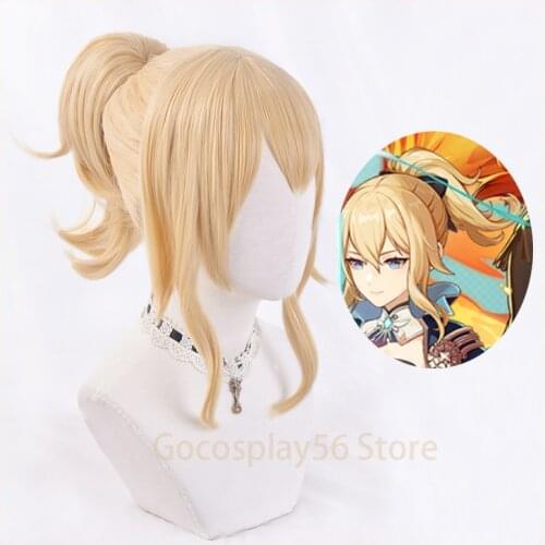 Genshin Impact Jean Wig Cosplay Blonde Short Curly Ponytail Golden Heat Resistant Hair Women Halloween Game Role Play