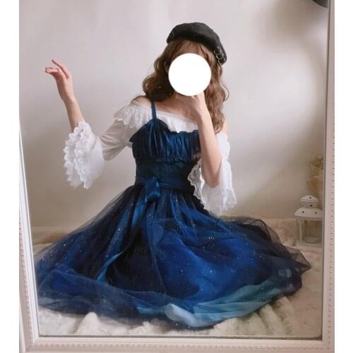 Stary Sky Gradient Blue Womens Summer Suspender Dress Double Layer Veil Fairy Kei Lolita Dress & Inner White Shirt