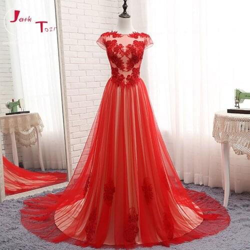 Jark Tozr New Arrive Cap Sleeve Zipper Up Appliques Beading Pearls Red Tulle Light Champagne Lining Formal Evening Dresses