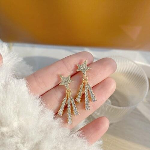 Korea New Design Fashion Jewelry 925 Silver Needle 14K Real Gold Earrings Elegant Five-pointed Star Tassel Womens Prom Earrings