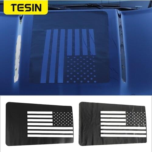 TESIN Carbon Fiber Car Front Engine Hood Cover USA Flag Emblem Decal Sticker For Dodge RAM 2018-2021 Car Exterior Accessories