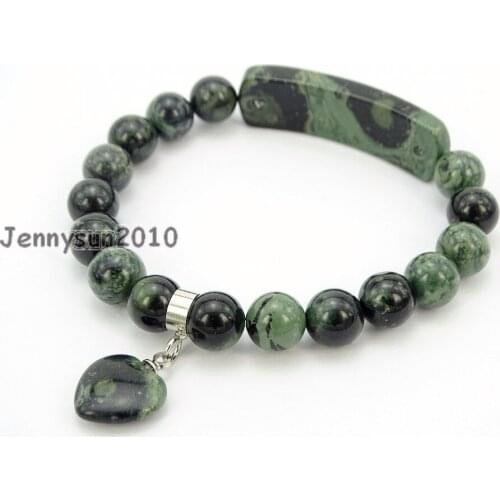 Natural Kambaba Ja-sper Gems Stone Heart Bar Round Beads Stretchy Bracelet Healing Reiki Chakra 5Strands / Pack