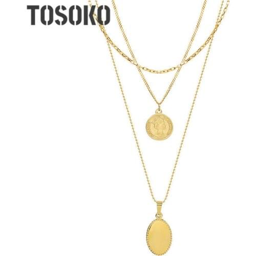 TOSOKO Stainless Steel Jewelry Portrait Round Brand Pendant Necklace Multi Layer Stacked Necklace Women Fashion Chain BSP805