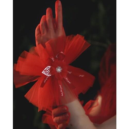 Sexy Red Women Gloves Transparent Tulle Gloves Full Finger Formal Evening Gloves Short Tulle Elegant Leaf Sheers Gloves Mittens