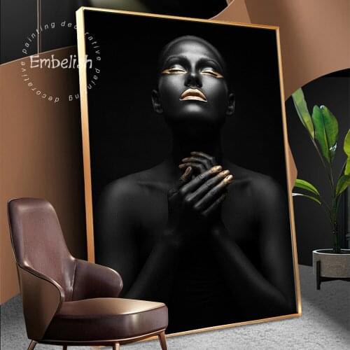 Embelish Modern Home Decor Wall Art Posters For Living Room Black African With Golden Lips And Fingers Canvas Painting Pictures