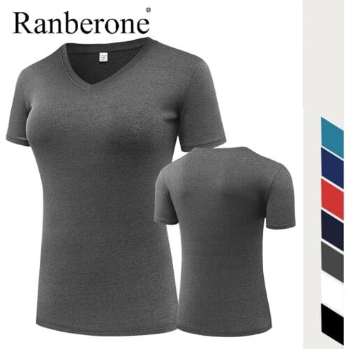 Ranberone Yoga Sports Shirt Womens Quick Drying Running Top V-Neck Breathable T-shirt Short-Sleeved Fitness Solid Gym Clothing