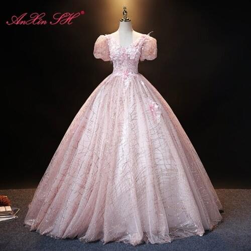 AnXin SH vintage princess pink lace sparkly v neck rose flower feather puff sleeve bride ball gown stage host evening dress