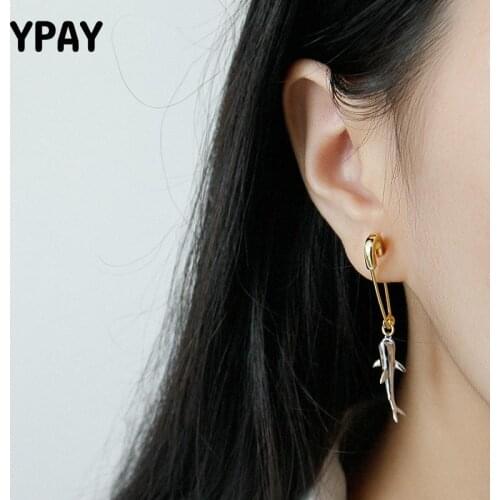YPAY 100% Genuine 925 Sterling Silver Drop Earrings for Women Korean Trendy Shark Pin Earring Brinco Fine Party Jewelry YME540