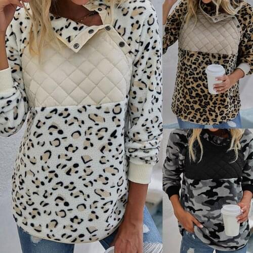 Women Long Sleeve Leopard Plush Pullover Oblique Button Neck Warm Sweatshirt