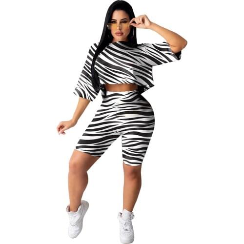 Echoine Zebra pattern Print Crop Top Tshirt Shorts Tracksuit Two Piece Women Sexy Casual Sporty Active Work Out Outfits