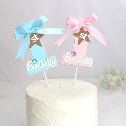 2pcs/lot 1st Birthday Cupcake Topper Pink Blue Baby Shower Bowknot Cupcake Topper For Kids Baby Birthday Party Cake Decorations