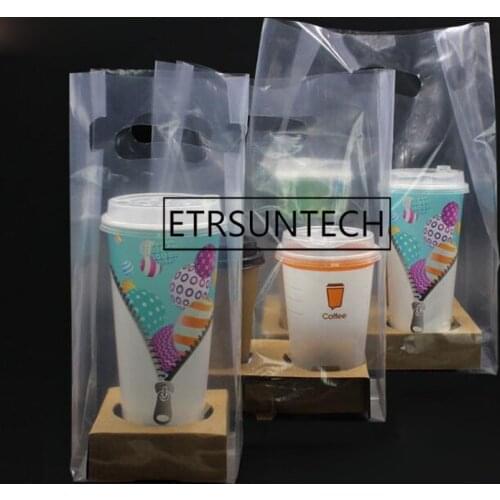 300sets 1/2/4 Cups Kraft Paper Coffee Cup Holder Clear Plastic Bag Beverages Juice Coffee Milk Tea Take-away Packaging