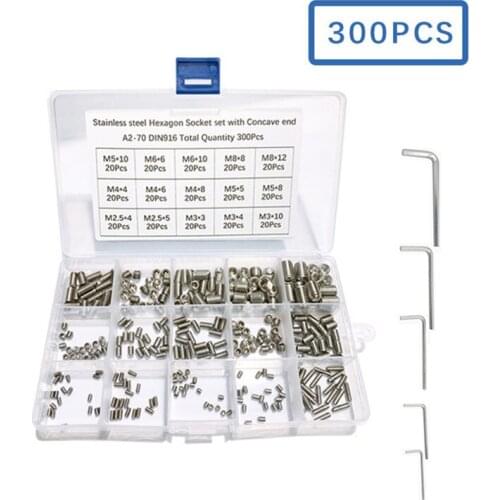 300 Pcs/BOX M2.5 M3 M4 M5 M6 Authentic 304 Stainless Steel Hex Socket Set Screws Grub Screw Headless Set Screws Suit Gift Wrench