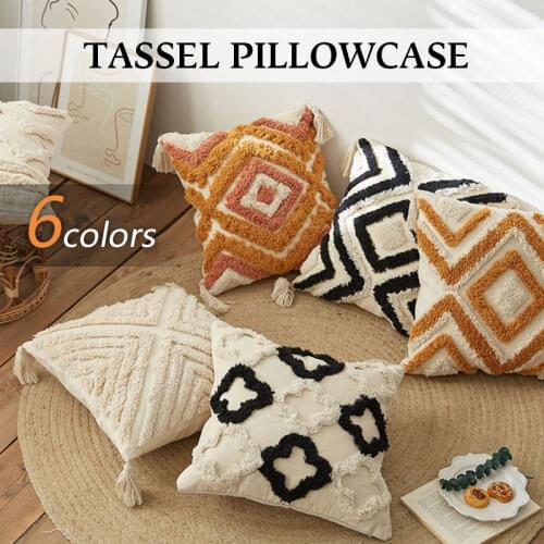 45X45CM Moroccan Nordic Ins Tufted Geometric Pillow Waist Pillow With Tassel Simple American Living Room Sofa Bed Waist Cushion