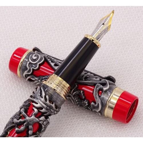 Jinhao Dragon Phoenix Vintage Luxury Gray-Red Calligraphy Pen Fountain Pen Iraurita Bent Nib Full Metal Carving for Art Office
