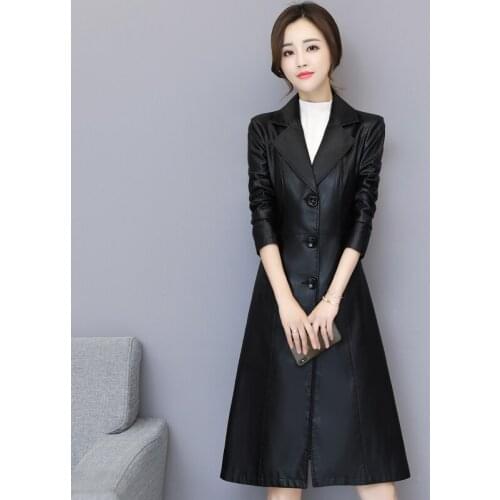 Women Faux Leather Jacket 2018 Autumn Winter New Brand Ladies Washed PU Leather Trench Long Coats Female Slim Windbreaker M- 5XL