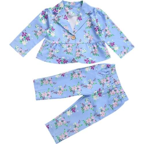 Sweet Children Formal Clothing Baby Girl Coat Trousers Suit Flower Print Lapel Neck Long Sleeve High Waist Girl Fall Loose Pants