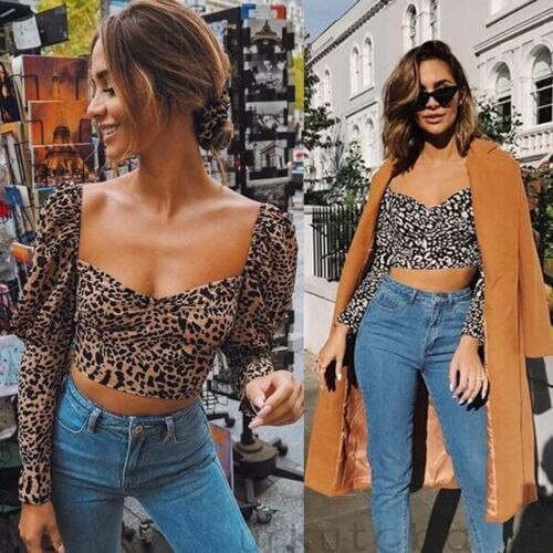 Fashion Womens 2019 Sexy Scoop Neck Blouse Shirts Ladies Summer Long Sleeve Leopard Print Crop Tops Vest Tops Shirt Blouses