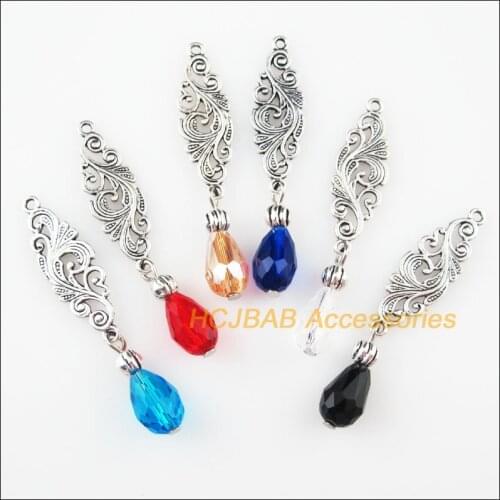 Fashion 12 New Phoenix Flower Charms Tibetan Silver Color Mixed Crystal Pendants 9.5x48mm