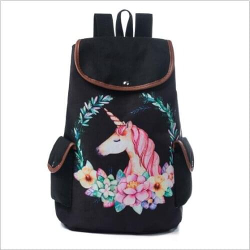 Fashion Cartoon Unicorn Printed Backpack Lady Drawstring Design Canvas School Bag For Teenage Travel Rucksack