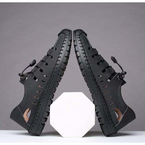 Mens Sandals 2021 New Summer Wear Soft Sole Leather Toe Cap Hole Shoes Cowhide Casual Hollow Sandals