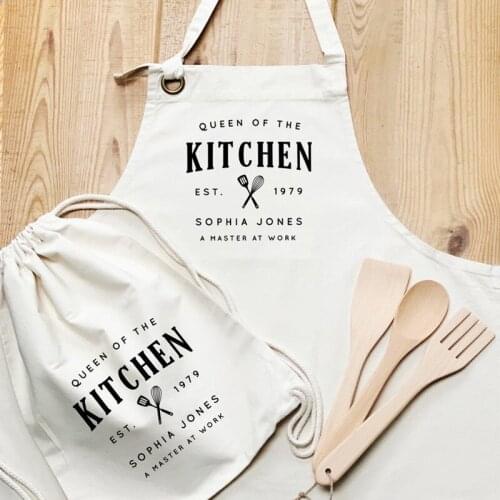 Customize Name And Date Text Set Aprons for Women,Queen of the Kitchen,Personalised Vintage Style Apron Sets,Homeware Gift Ideas