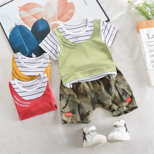 Summer New Boys Leisure Suit 0-4 Year Old Baby Fake Two Short Sleeve T-shirt Childrens Summer Fashion Clothes Kids Outfits Sets