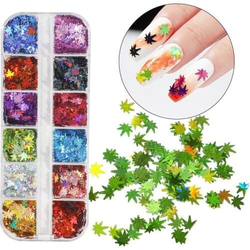 PH01,.Purpurina Glitter Sequins For Craft Nail Face 12 Grids Chunky Maple Leaf Flake Pigment Nails Art Design Nail Stuff In Bulk