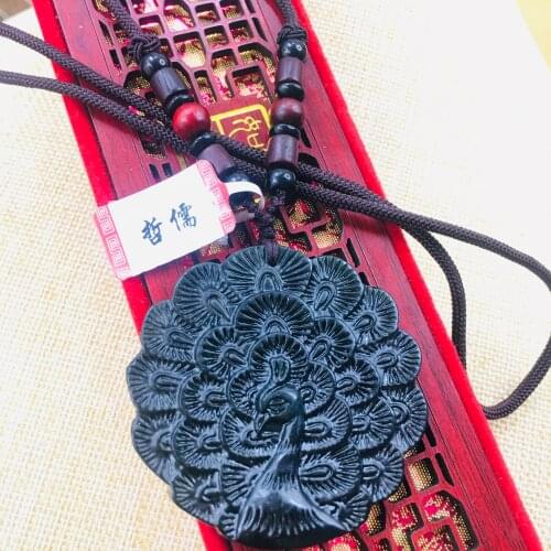 Natural Hetian Black Jade Hand-carved Black Double-sided Peacock Pendant Necklace Sweater Chain Send Certificate