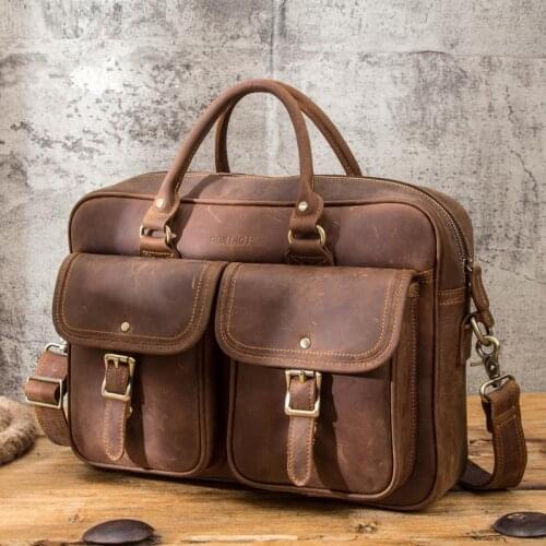 Crazy Horse Genuine Leather Briefcase Vintage Laptop Bag For 14/15.6 inch Computer Notebook Office Men Women Business Work Bags