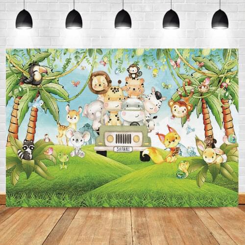 Laeacco Safari Jeep Wild Animal Jungle Forest Birthday Party Baby Shower Photography Backdrop Photographic Background Photocall