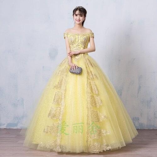 Light yellow princess belle court embroidery bead ball gown fairy fancy ball gown Medieval Gown Victorian Ball stage performance