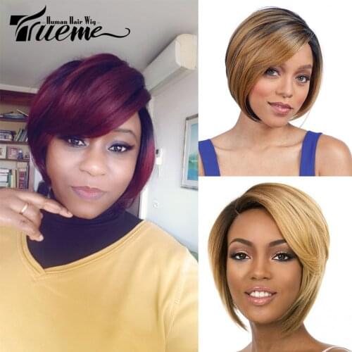 Trueme Short Pixie Cut Wig Cheap Human Hair Wigs Ombre Straight Bob Wigs With Bangs Full Machine Human Hair Wig for Black Women