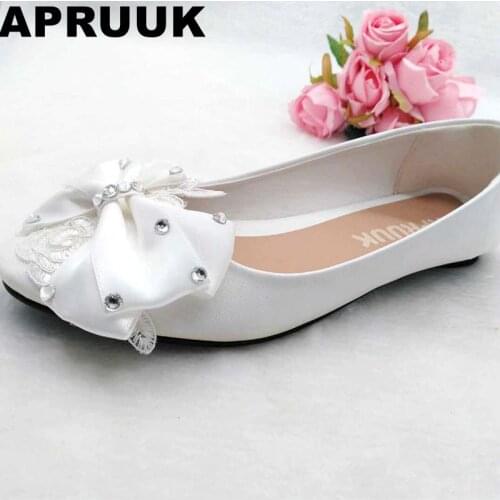 2018 fashion women shoes sweet handmade white bow bowtie flat heel bridal shoes lady flower girl flats ceremony shoes