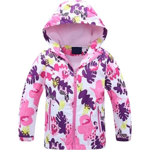 Girls Windbreaker Jacket Flowers Printed Girl Kids Hooded Outerwear Coat Spring Autumn Children Waterproof Clothing 4-8T