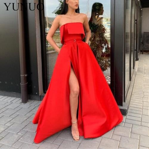 YuNuo Robe De Soiree Red Evening Dress Long 2019 Satin Side Slit Formal Party Gowns Sleeveless Strapless Abiye Gece Elbisesi N26