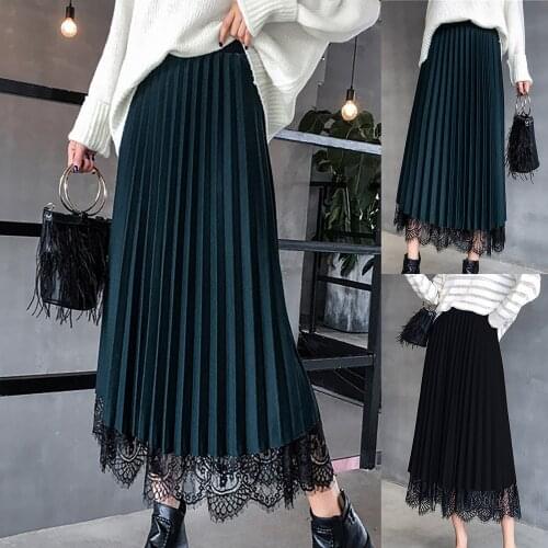 Women Spring Summer Lace Elastic High Waist Long Mesh Skirt Womens Pleated