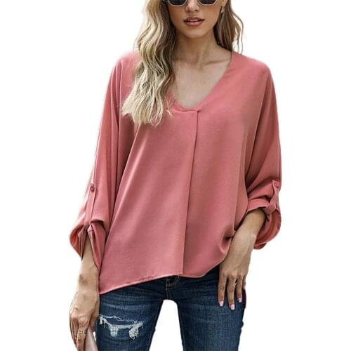 New Women Casual Chiffon Shirt Solid Color V Neck Autumn 3/4 Sleeve Irregular Pleated Split Hem Blouse Official Tops Streetwear