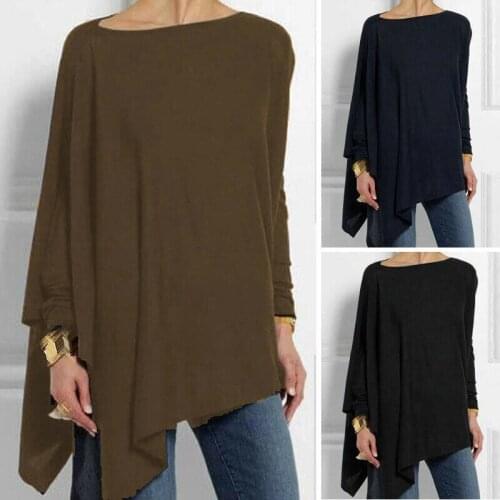 Women Loose Fit O Neck Blouse Irregular Hem Tunic Shirt Long Sleeve Pullover Top