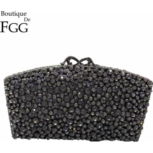 Boutique De FGG Black Jet Crystal Rhinestones Women Evening Purse Metal Minaudiere Handbag Wedding Clutch Bridal Party Hand Bag