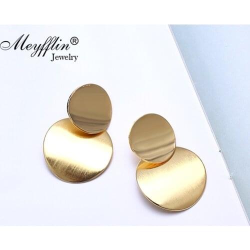 Meyfflin Gold Color Round Earrings for Women 2020 Fashion Geometric Circle Metal Drop Earring Statement Earing Vintage jewelry