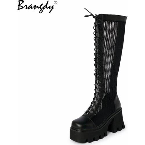 Brangdy Mesh Hollow Women Knee Hight Boots Genuine Leather Chunky Heels Womens Goth Shoes Zipper Lace Women Sandals Size 34-41