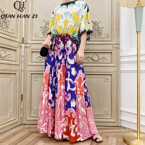 Qian Han Zi 2019 Brand Autumn Designer Runway Fashion Maxi Gown Womens Long Sleeve Vintage Print Pleated Long Beach Dress