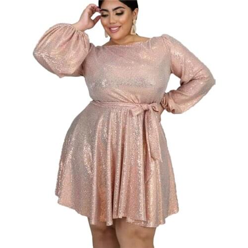 Adogirl 2XL-6XL Plus Size Women Gilding Dress with Belt O Neck Lantern Sleeve Flare Party Dresses Female Night Club Vestidos
