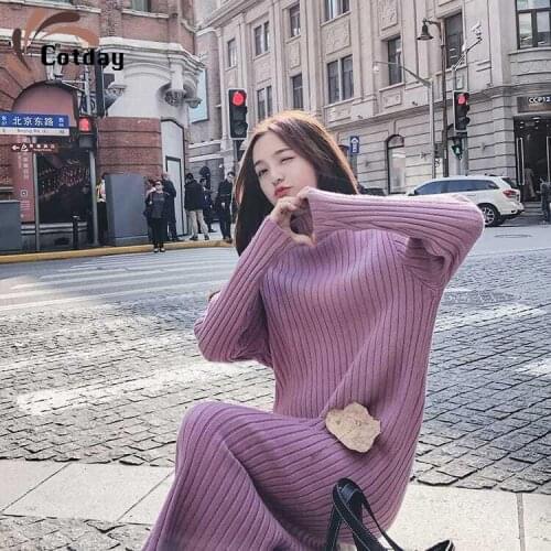 Cotday O Neck Purple Big Sizes Long Knitting Winter And Autumn Women Over The Knee Bottoming Shirt Harajuku Sweater Dresses