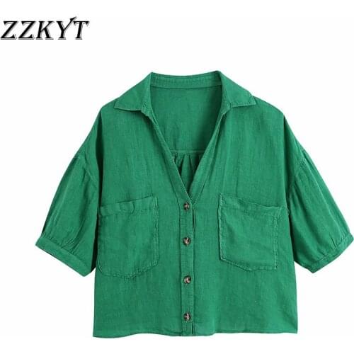 ZZKYT 2021 Women Summer Vintage Solid Pockets Cropped Blouses Fashion Lapel Collar Short Sleeve Female Shirts Blusas Casual Tops