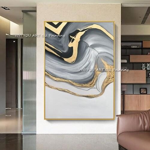 100% Handmade Gold Foil Grey Oil Painting Wall Art Canvas Painting Abstract Wall Picture For Living Room Decoration Gift