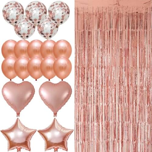 20pcs Rose Gold Metallic Foil Tinsel Fringe Curtain Birthday Party Decoration Latex Balloon Wedding Backdrop Curtain Photo Props