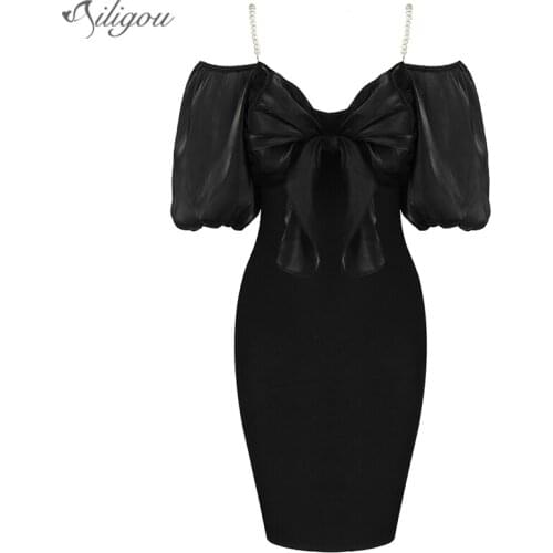 Ailigou Free Shipping 2021 New Trendy Bow Pearl Chain Design Sexy Off Shoulder Puff Sleeves Celebrity Party Club Bandage Dress