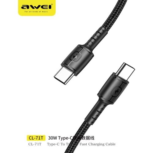 Awei CL-71T 5A Type-C to USB C Phone Charge Cables PD 30W 100W 1M Quick Charging For Mackbook Laptop Xiaomi